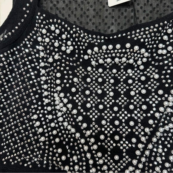 NWT Women’s Windsor Sparkle Bling Sleeveless Black Mesh Pearl Concert Top Large - Picture 3 of 6